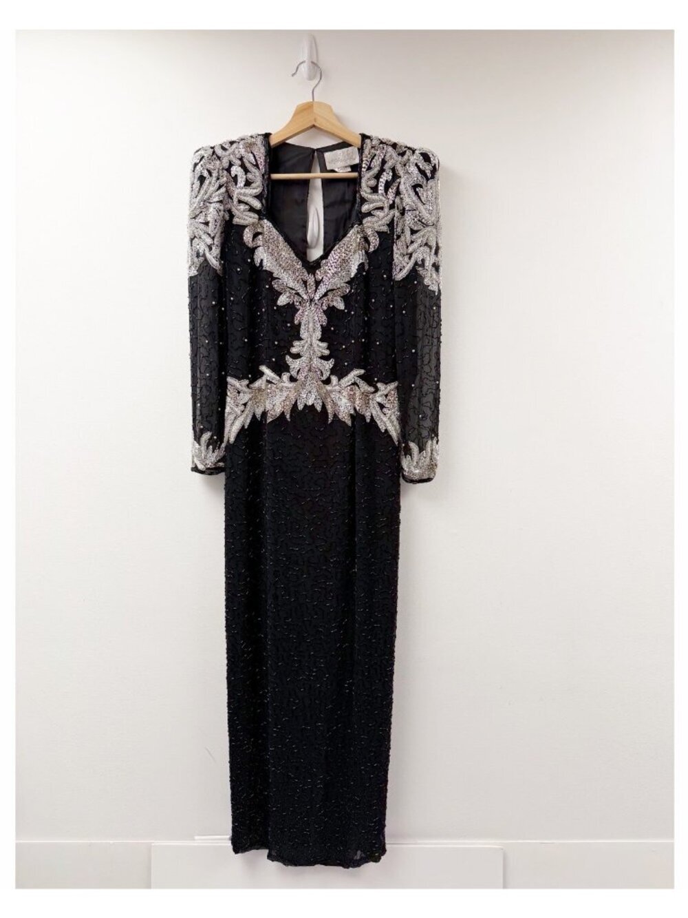 Vintage 80s Jovani Silk Black Beaded Gown Handmade Gold Bead Dress Sz S